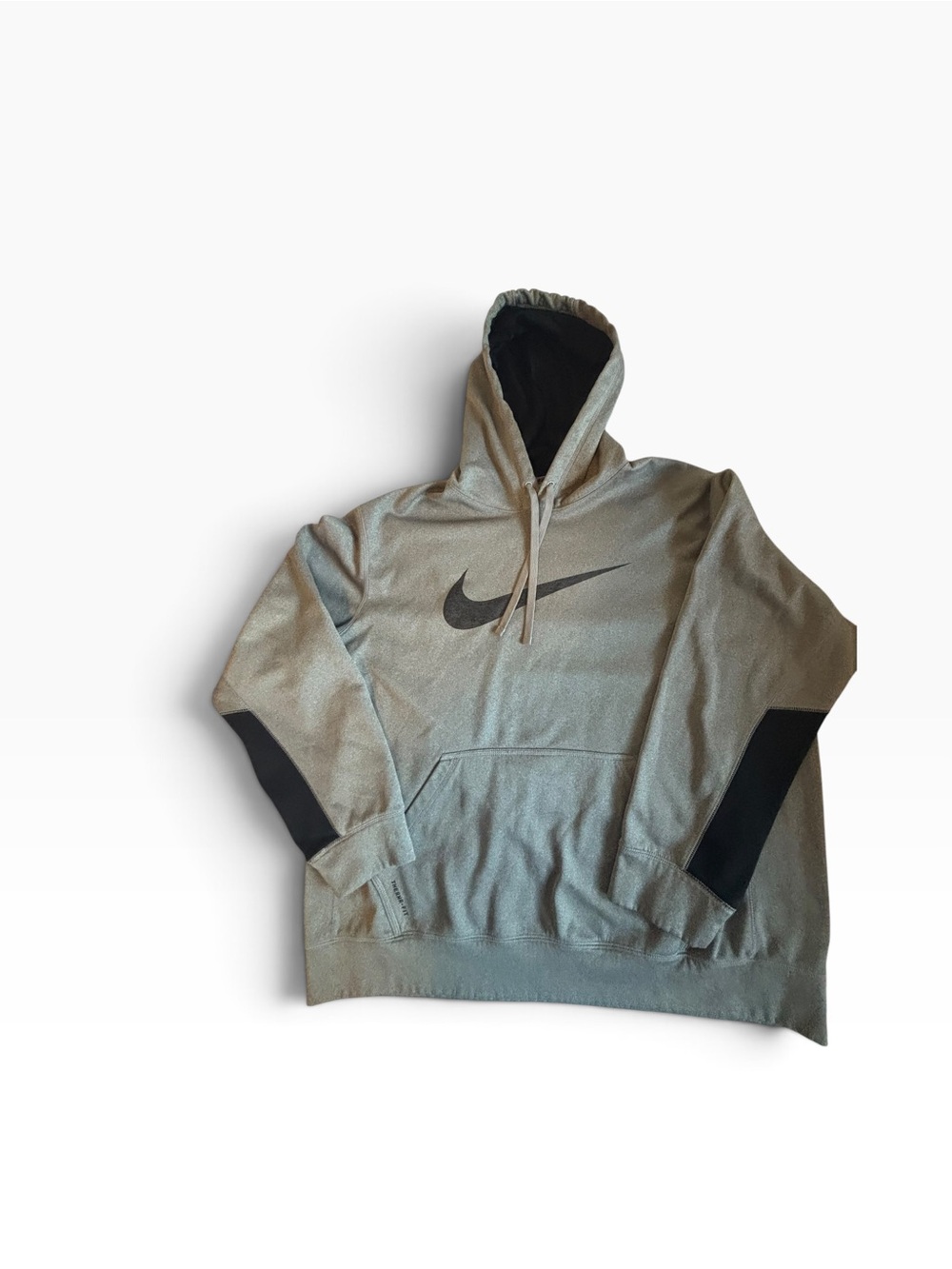 Nike Men's Light Gray Hoodie with Black Swoosh and Panels